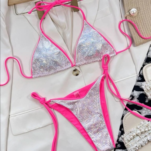 Metallic Contrast Binding Halter Triangle Tie Side Bikini - Picture 3 of 11